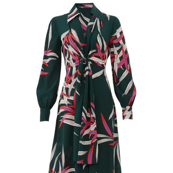 $468 DIANE VON FURSTENBERG QUINCY HUNTER PALM LEAVES SILK WRAP EFFECT MIDI DRESS - Picture 4 of 16